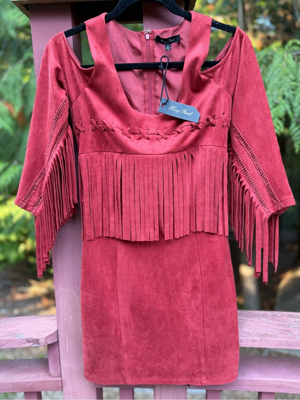 NWT Honey Punch Faux Suede Fringe Western Boho Dress S Cold Shoulder